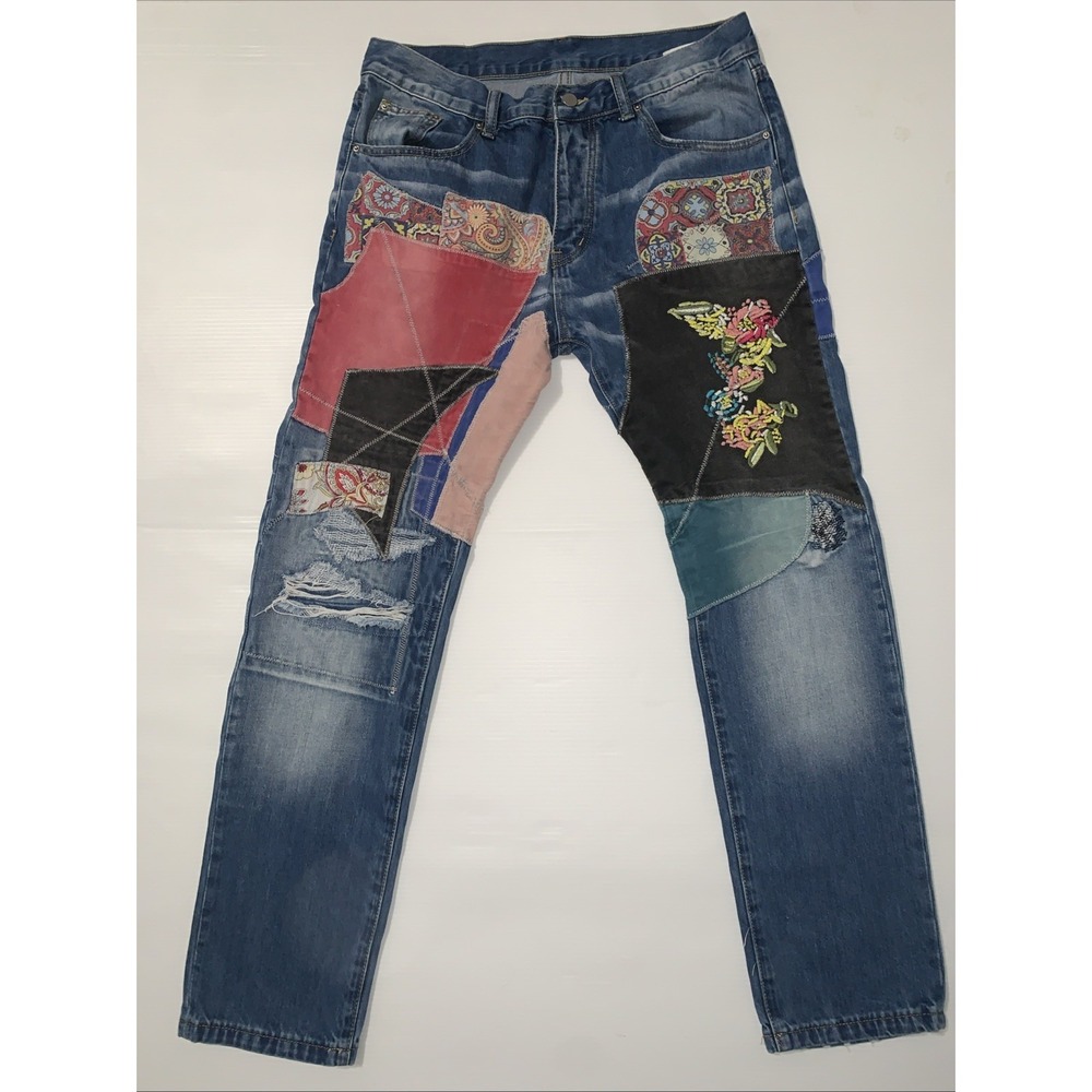 MNML Patchwork Jeans Mens 34x31 Embroidered Distressed Unisex Streetwear
